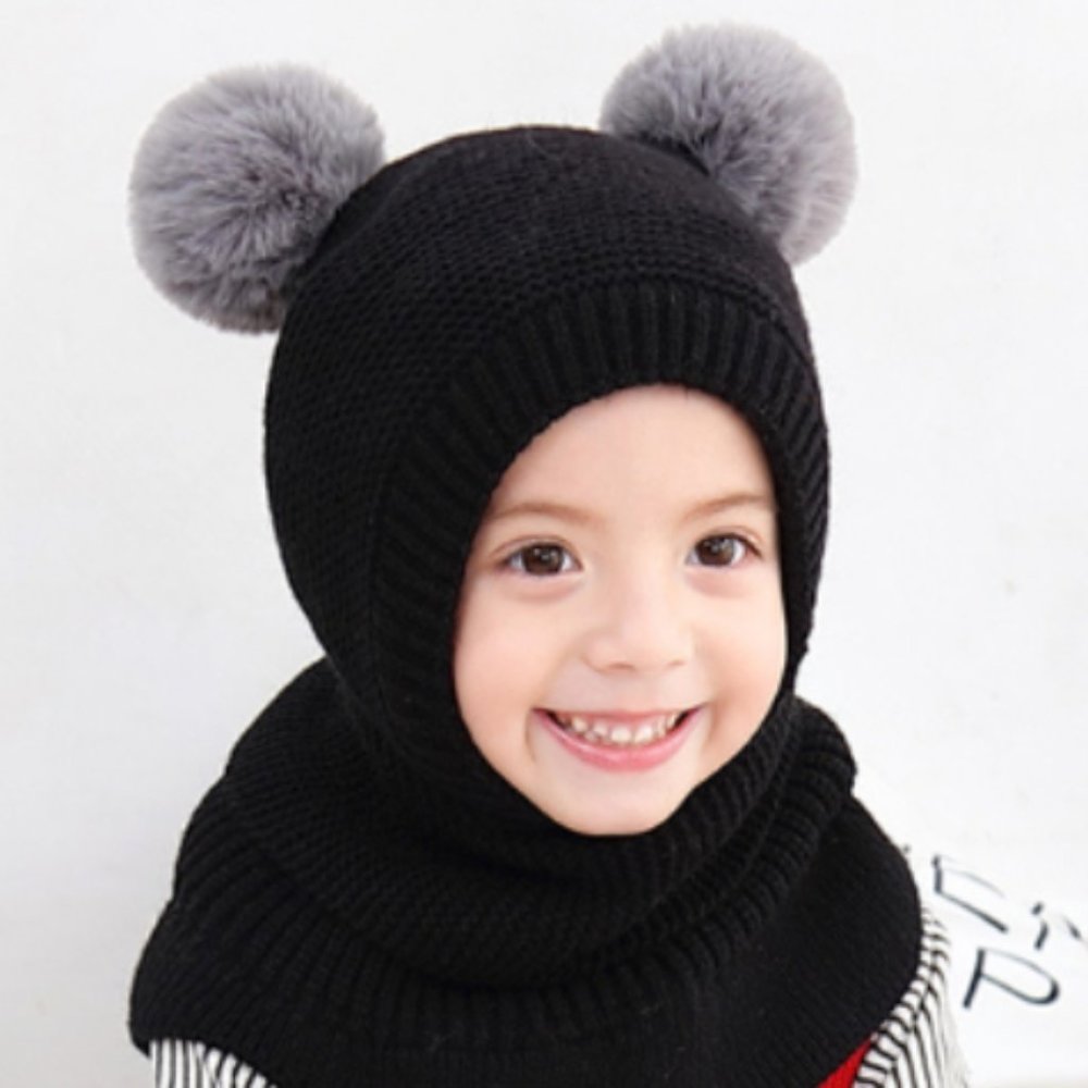 Kids Knit Pom Pom Hat with attached Scarf / Collar